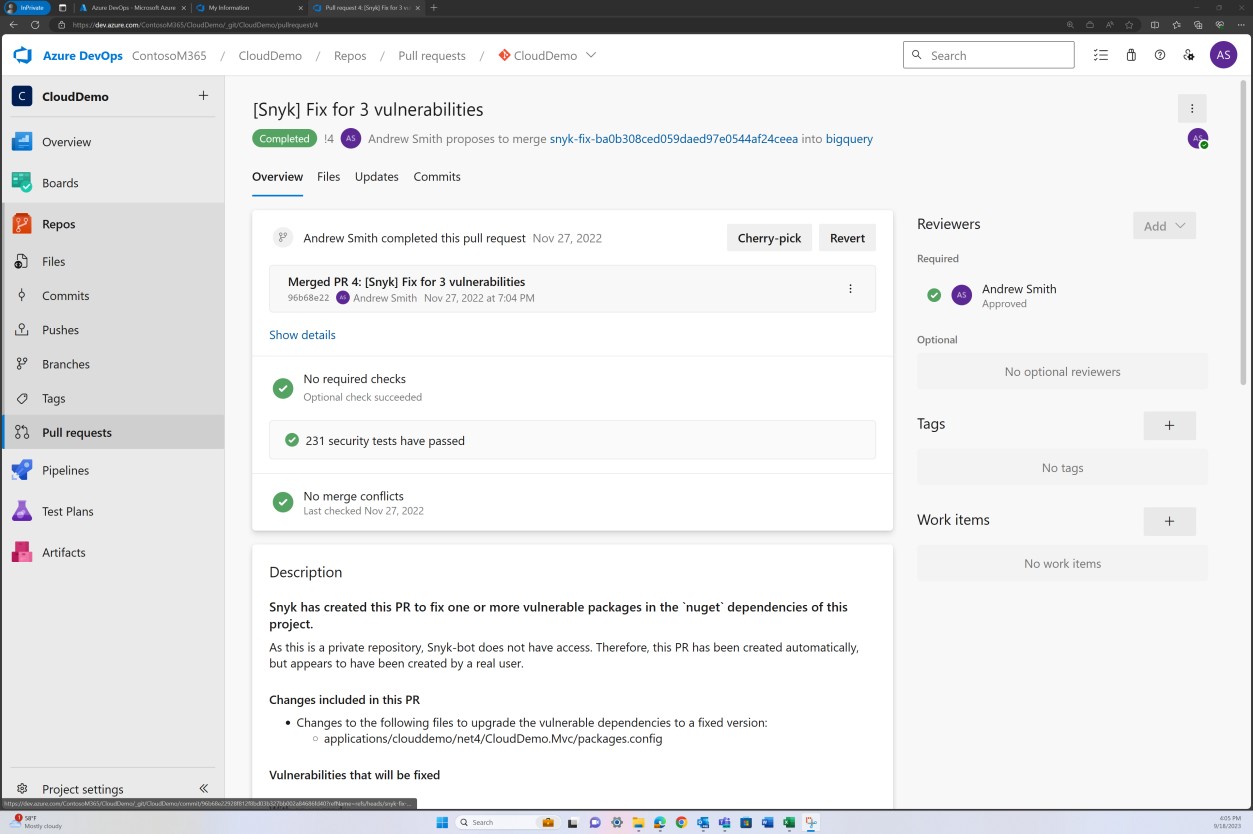 Azure DevOps 拉取請求，已完成合併的 PR 和說明。