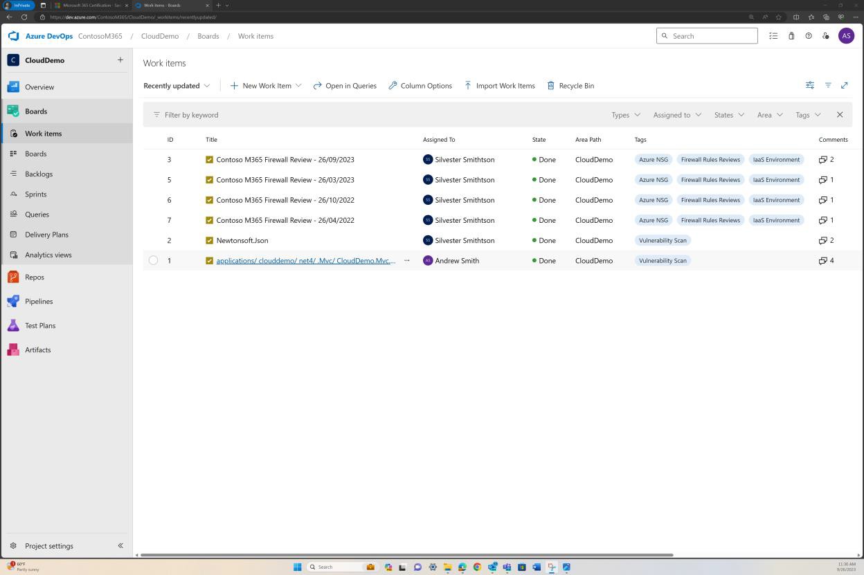 Azure DevOps 工作項目記錄 Contoso Firewall rEviews 完成日期超過 1 年。