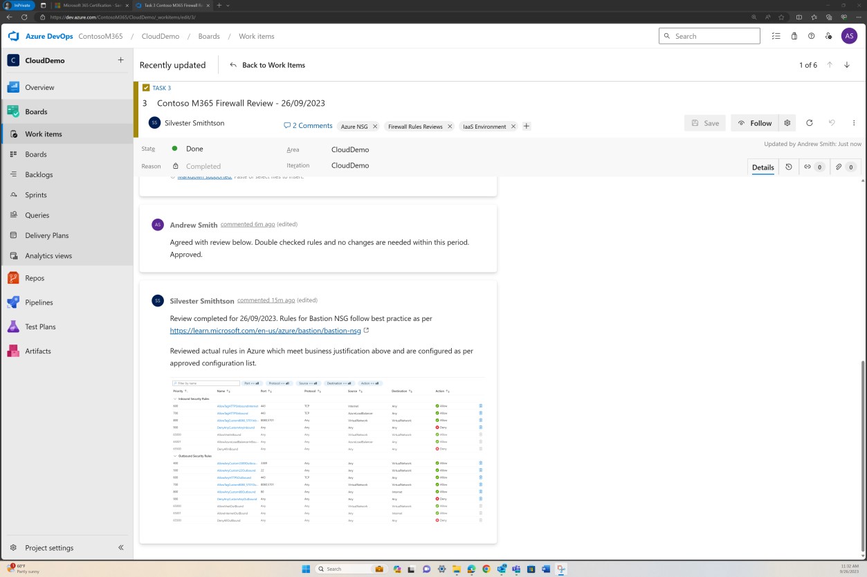 Azure DevOps Contoso M365 Firewall Review 顯示已完成。Andrew Smith 已批准一份詳細的 Azure 規則清單及詳細內容。