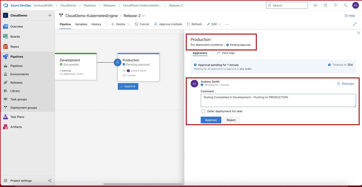 Azure DevOps pipelines，Andrew Smith 批准的評論測試，完全推送到生產環境。