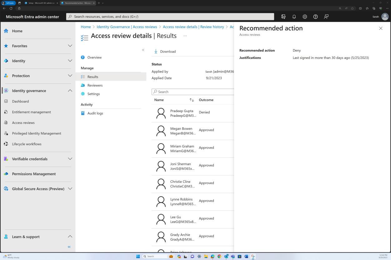 Microsoft Entra 系統管理中心存取檢視建議行動彈出視窗。