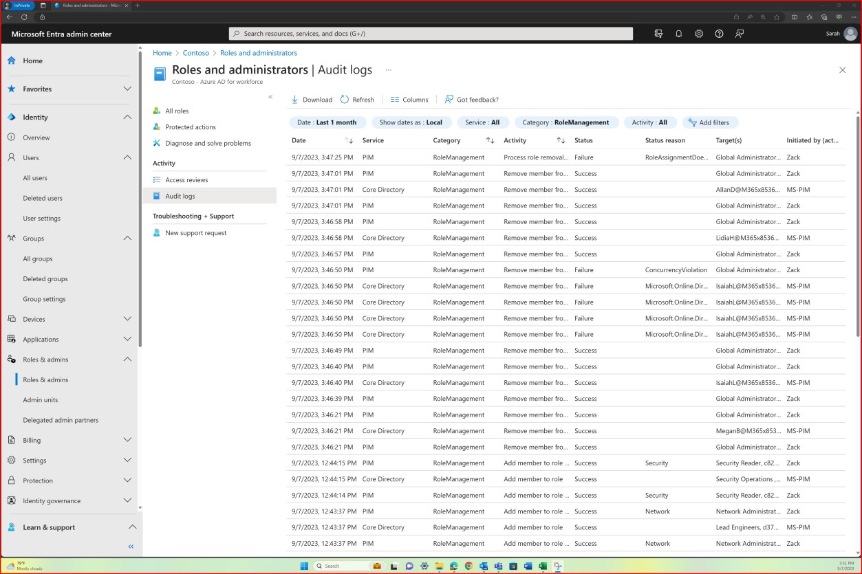 Microsoft Entra 角色與管理員審核日誌。