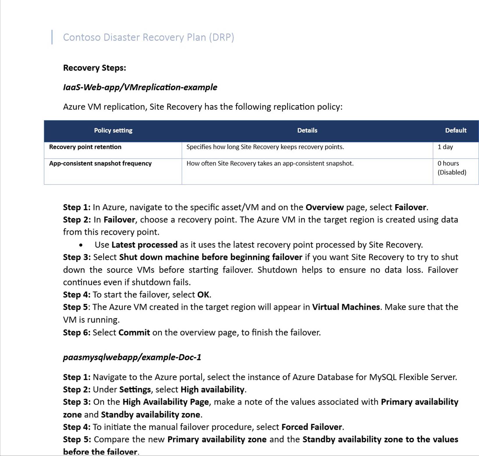 Contoso 災難復原步驟，包括 Azure VM 複製與網站復原政策。