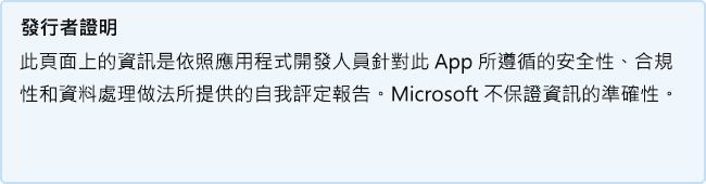 發行者證明：此頁面上的資訊是以應用程式開發人員針對安全性、合規性和資料處理做法所提供的自我評估報告為基礎，後面接著此應用程式。Microsoft 不保證資訊的正確性。