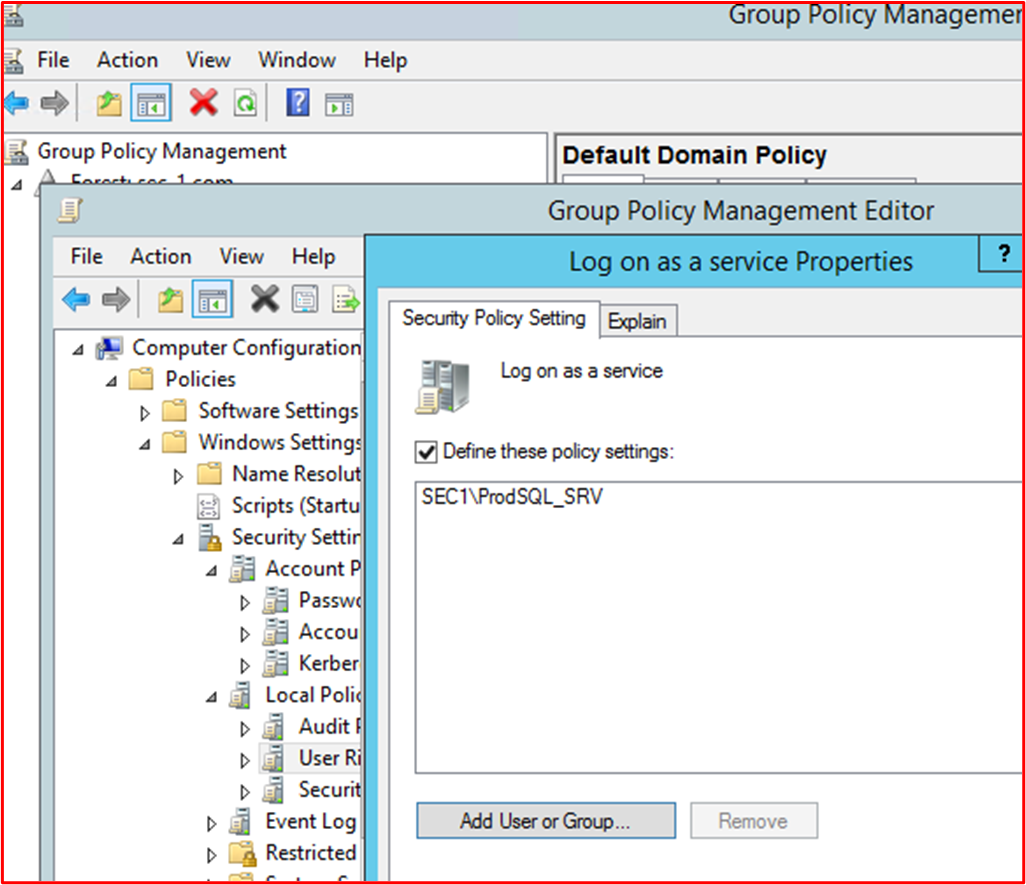 螢幕快照顯示服務帳戶「_Prod SQL 服務帳戶」只允許以服務方式登入。