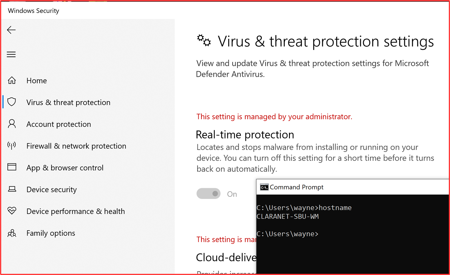 螢幕快照顯示主機 「CLARANET-SBU-WM」 已針對 Microsoft Defender 防病毒軟體設定即時保護。