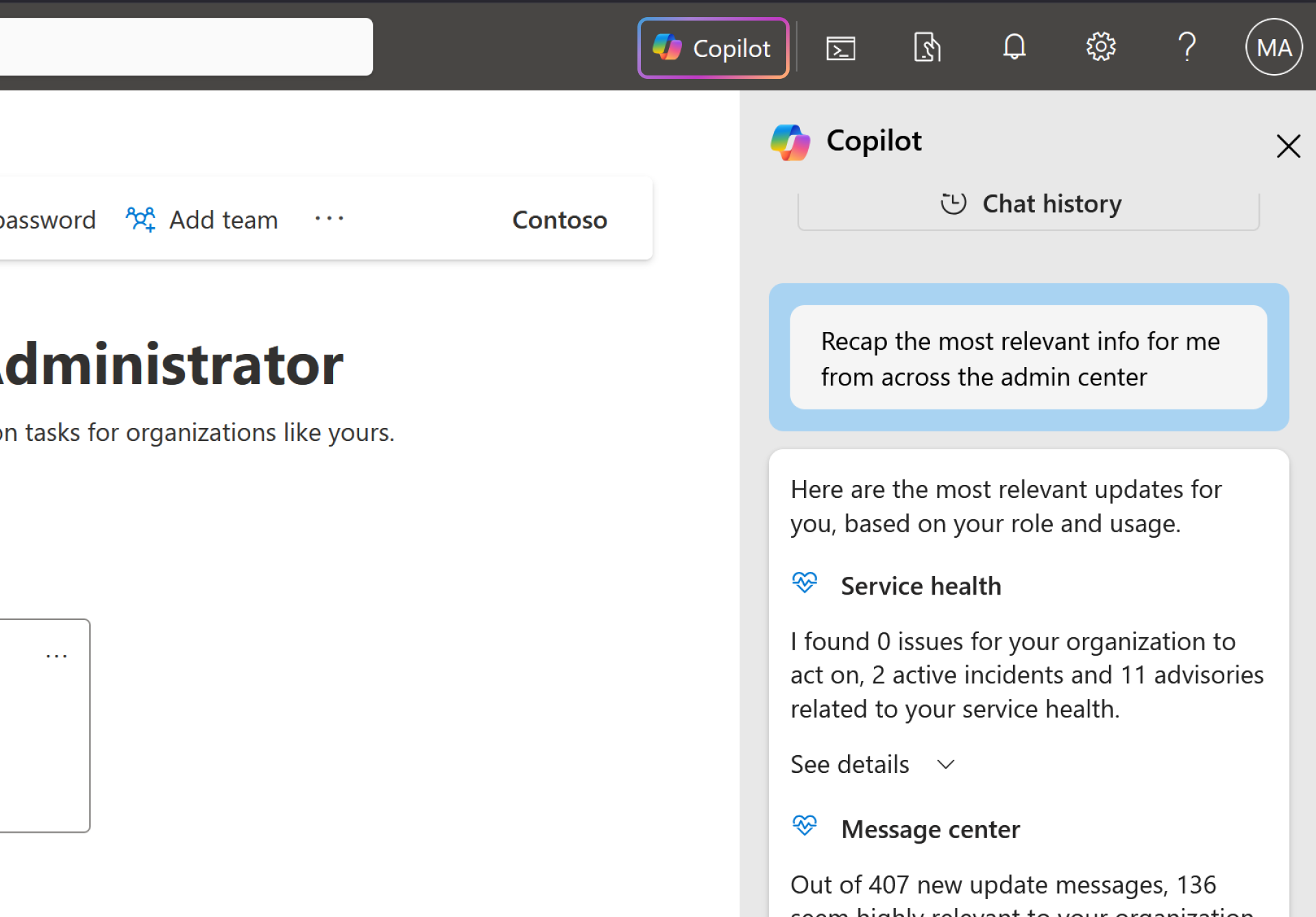 Copilot 控制系統儀表板頁面的截圖，顯示右上角 Copilot 按鈕的選項。