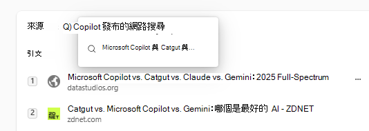 Microsoft 365 Copilot 中網頁搜尋查詢引用的截圖。