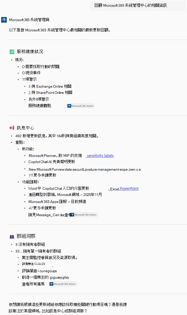 Copilot 提示與回應頁面截圖，顯示問題：回顧 Microsoft 365 系統管理中心的相關資訊。
