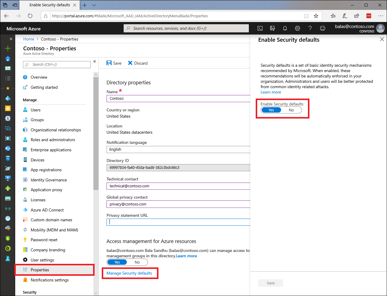 Azure 入口網站 的螢幕快照，其中包含啟用安全性預設值的切換。