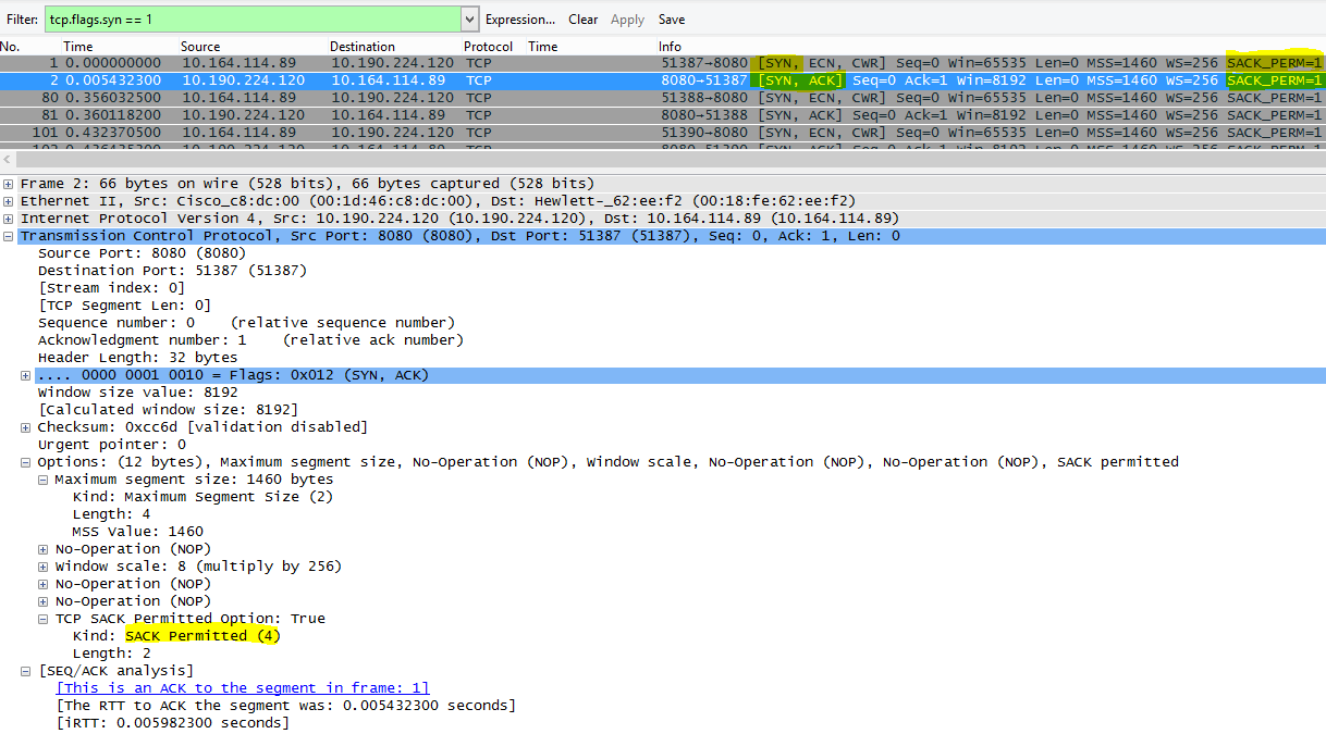 Wireshark 中所示的 SACK 及篩選器 tcp.flags.syn == 1。