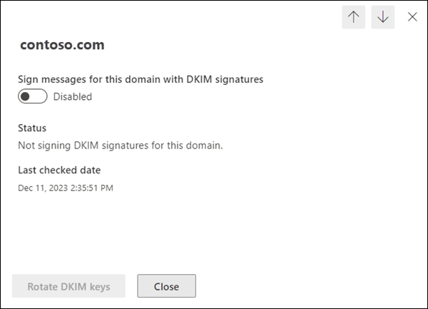 [網域詳細數據] 索引標籤會顯示已停用 DKIM 簽署，且未設定網域的 DKIM 簽章。