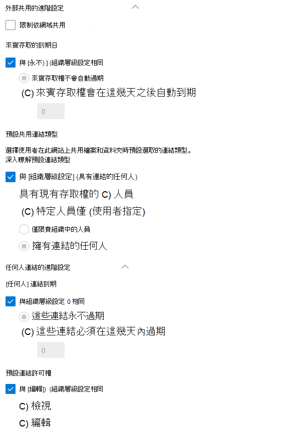 SharePoint 網站層級連結共用設定的螢幕擷取畫面。