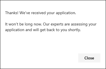 The Microsoft Defender Experts application confirmation message