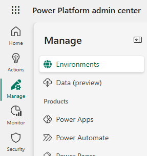Power Platform 系統管理中心側導覽功能表的螢幕擷取畫面，其中顯示「管理」部分。