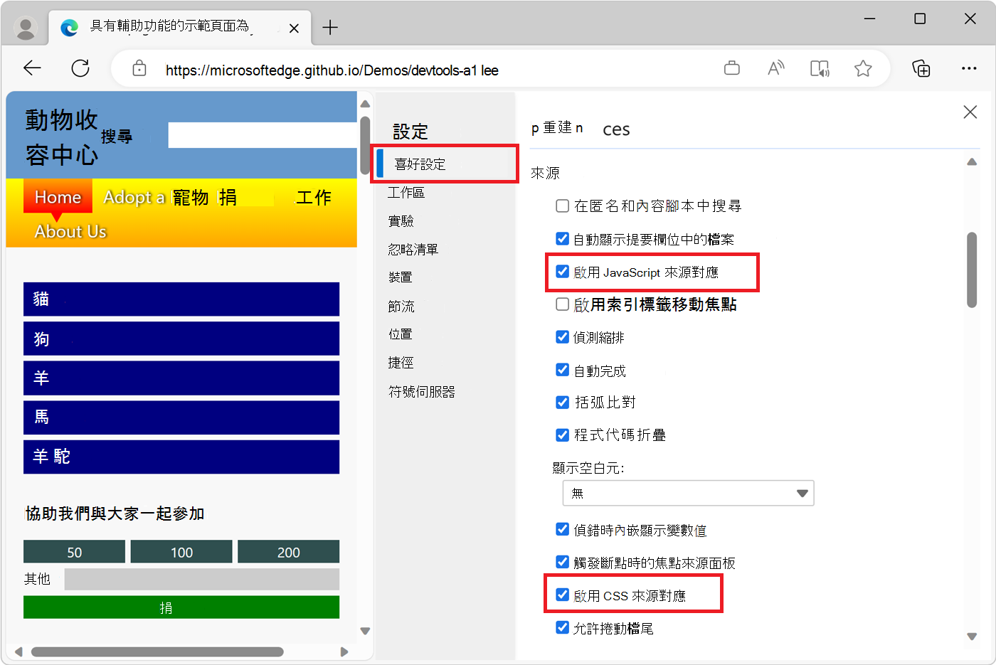DevTools 設定中的偏好設定畫面