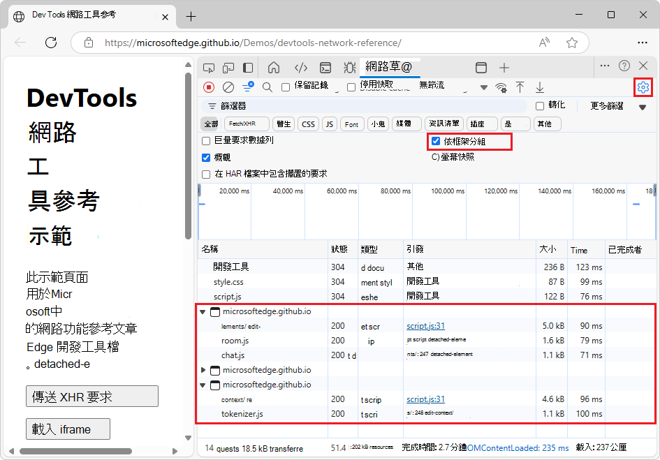 網路請求日誌，請求依 iframe 分組