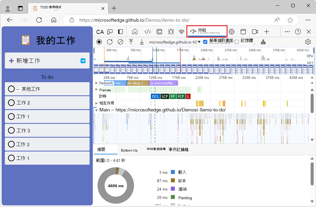 The Performance tool displaying a recording of the performance of the website