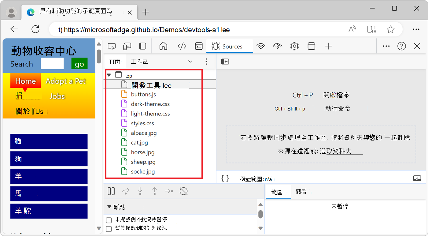 The Page tab in the Sources tool when the 'Group by folder' option is cleared