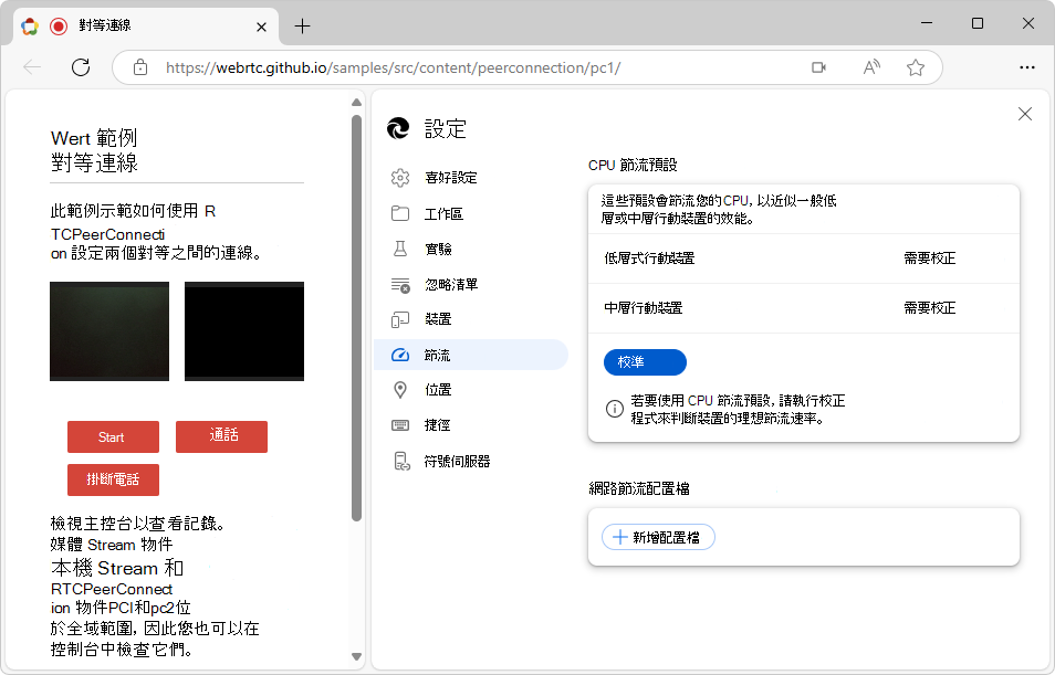DevTools 設定中的限速分頁