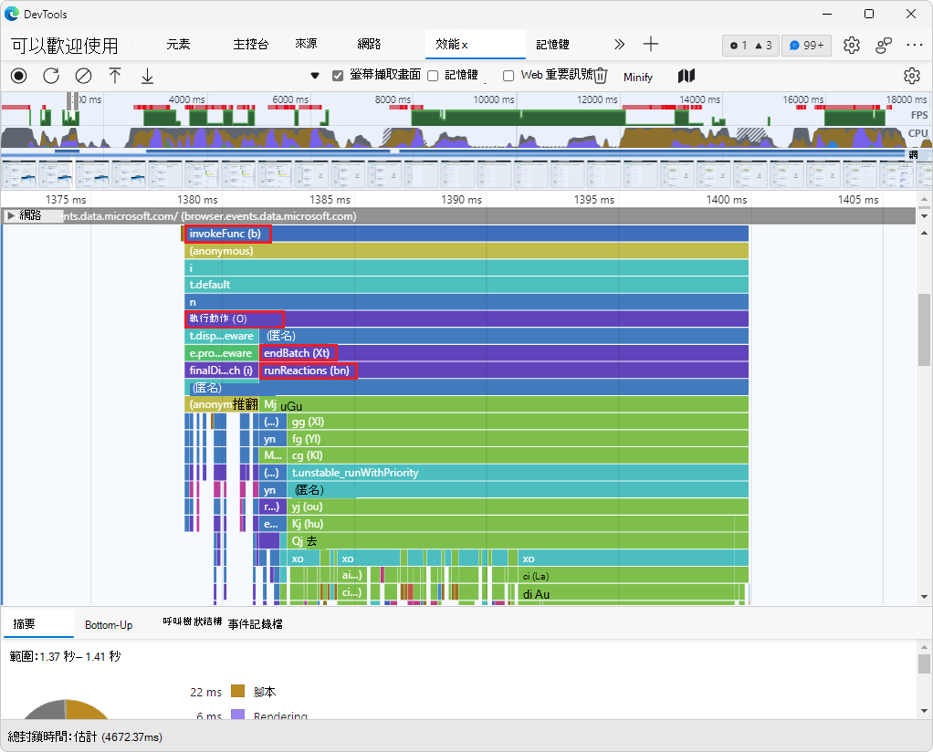 在效能工具的火焰圖表中，未壓縮的函式名稱