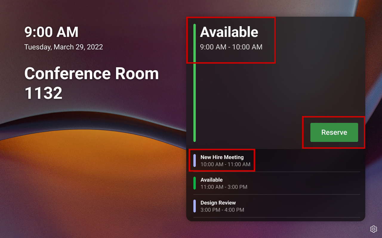 此螢幕快照顯示當會議空間可用時，Teams 面板首頁畫面的顯示方式。