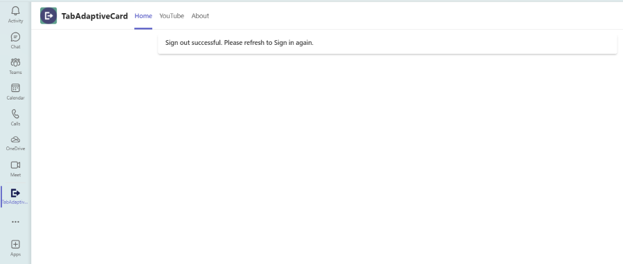 Screenshot of TabAdaptiveCard displaying successful Sign out message.