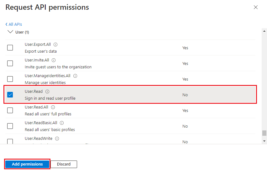 The screenshot shows the add permissions option.