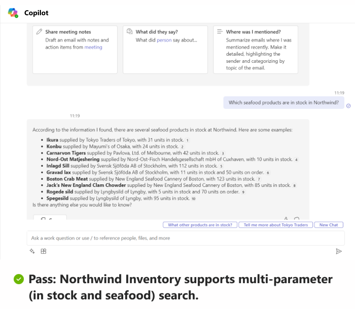 Screenshot shows an example of a pass scenario where the Northwind app returns a response for a seafood and in stock parameters.