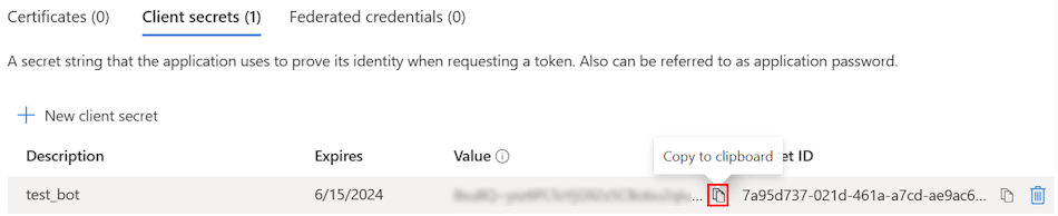 Screenshot show the option to copy the client secret ID value to copy value to clipboard.
