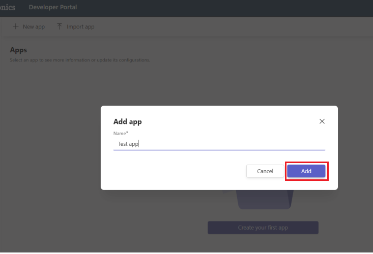 Screenshot shows how to create a brand new app in Developer Portal for Teams.