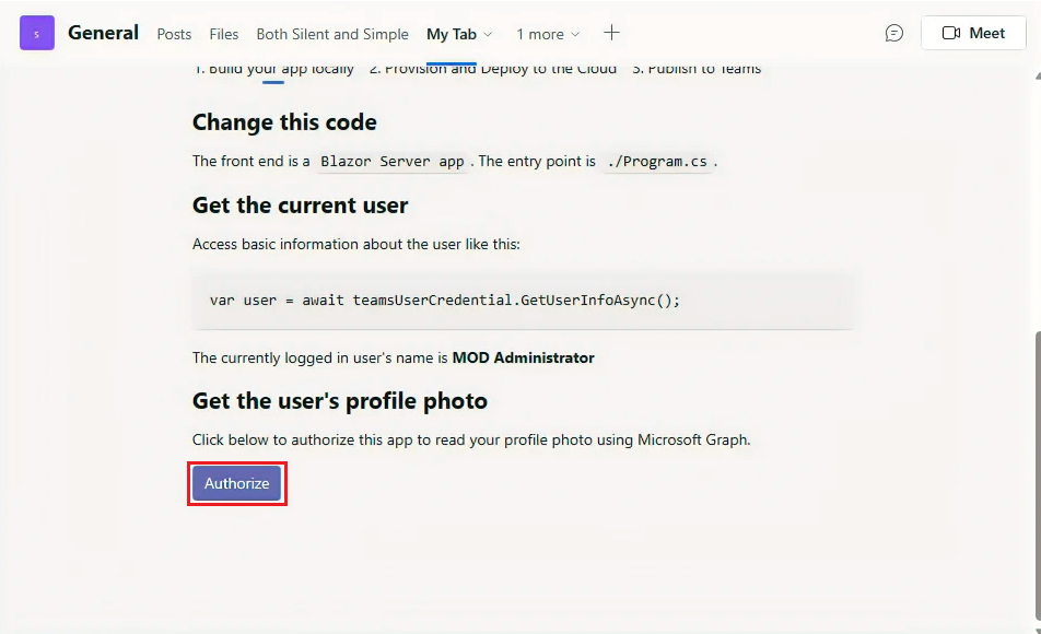 Screenshot shows the option to authorize user details in your tab app.