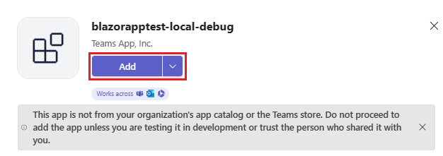 Screenshot shows the option to add your Blazor app in Teams.