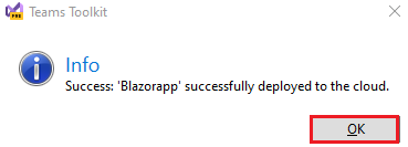 Screenshot shows OK option to select when your Blazor app is successfully deployed to the cloud.