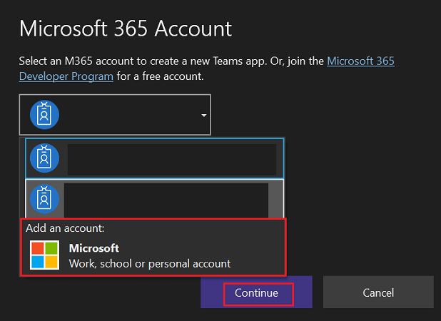 Screenshot shows the option to select Microsoft 365 account.