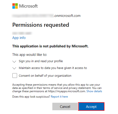 Screenshot of Permissions requested displaying the App info.