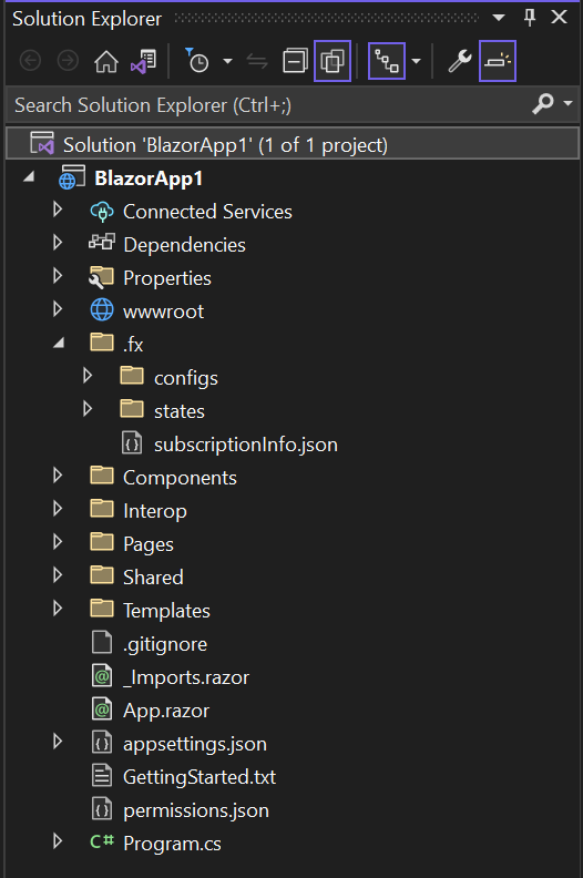 Screenshot shows the solution explorer displaying the components to build a basic personal app in visual studio.