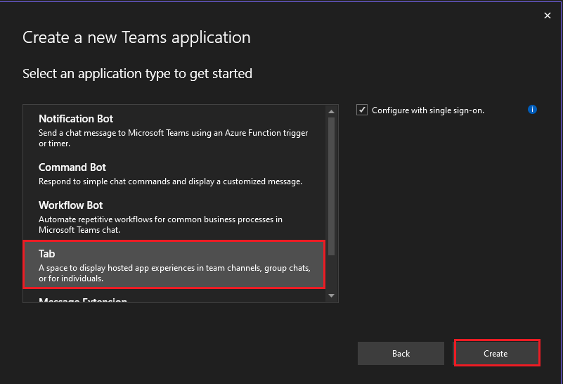 Screenshot of Create a new Teams application with Tab and Create options highlighted in red.