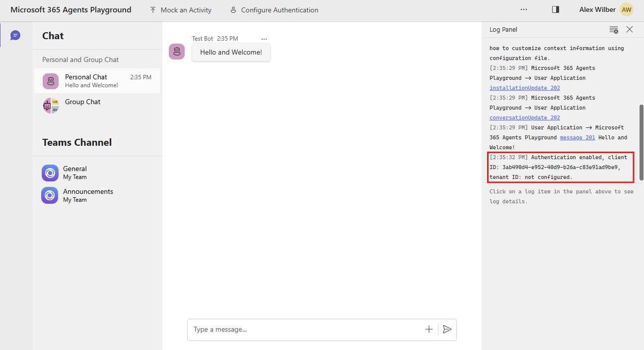 Screenshot shows the log panel message of successfully configure authentication settings.