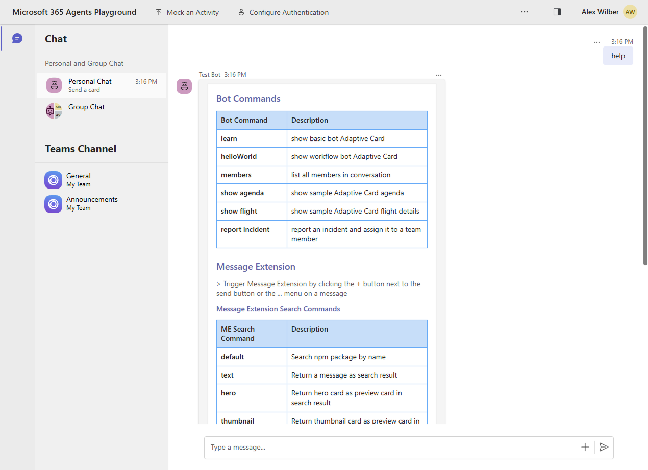 Screenshot shows Agents Playground Adaptive Card.