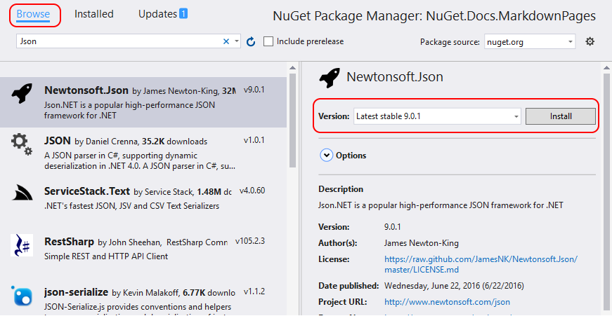 Manage NuGet Packages Dialog Browse tab