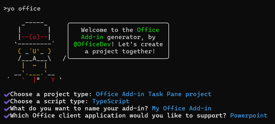 The prompts and answers for the Yeoman generator in a command line interface when the add-in only manifest is selected.