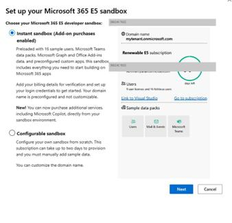 Set up your Microsoft 365 E5 sandbox - sandbox type selection dialog