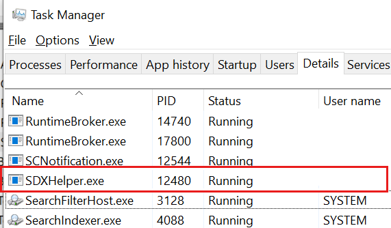 此螢幕快照顯示任務管理器中的 SDXHelper.exe 程式。