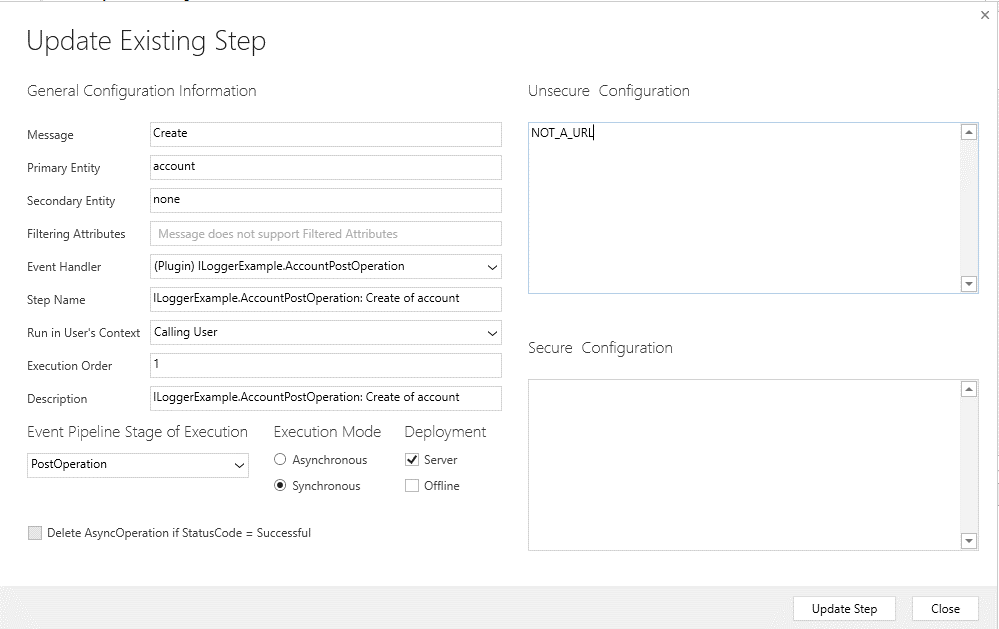 Causing an error by entering invalid configuration value in plug-in step registration.