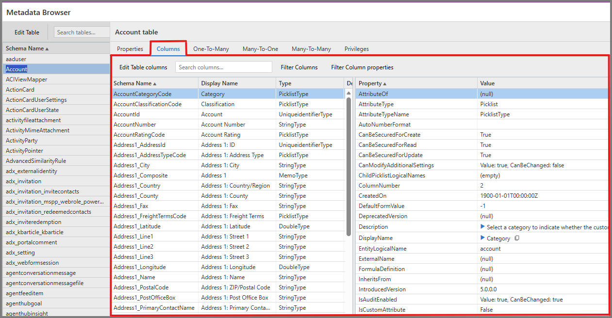 Screenshot of Columns tab with Account table selected, displaying column list and detailed properties pane.