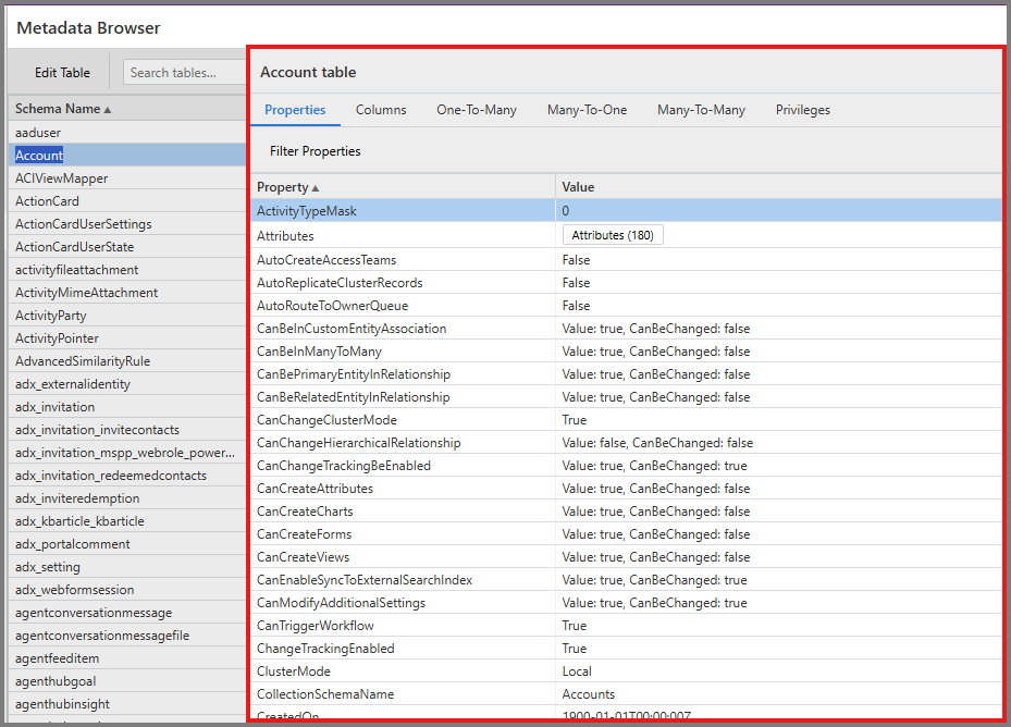 Screenshot of the details pane for the Account table, displaying Properties tab with a list of property names and values.
