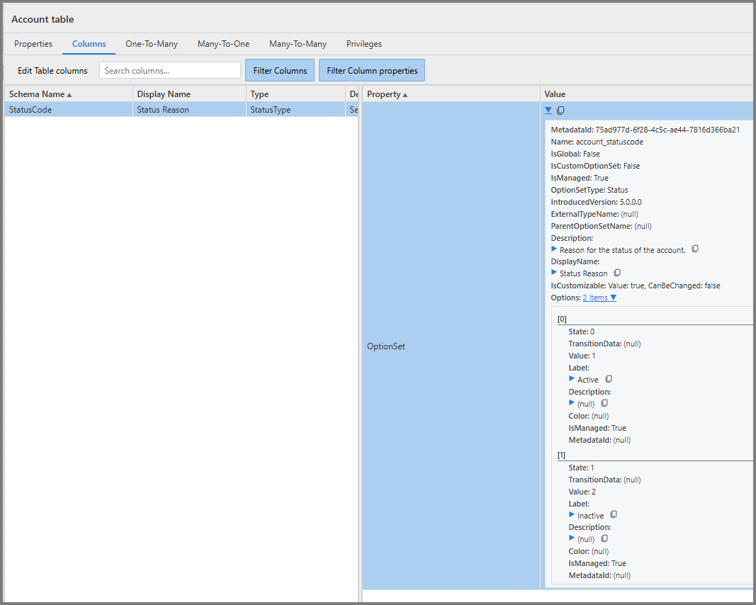 Screenshot of Account table columns editor with Status Reason option set expanded to show metadata and option details.