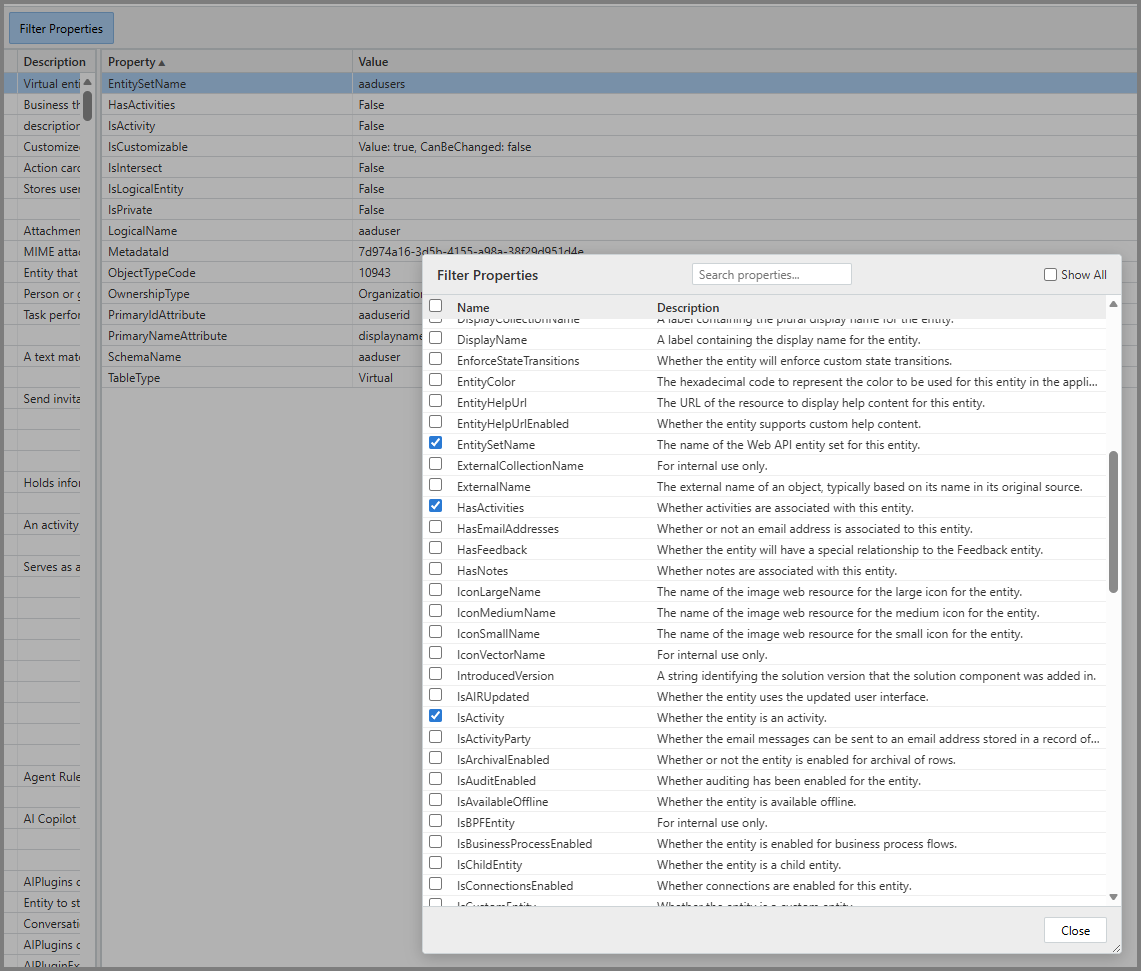 Screenshot of the Filter Properties dialog showing a searchable list of property checkboxes with names and descriptions.