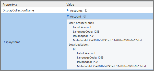 Screenshot of Metadata Browser showing DisplayName property expanded to reveal label structure and metadata details.